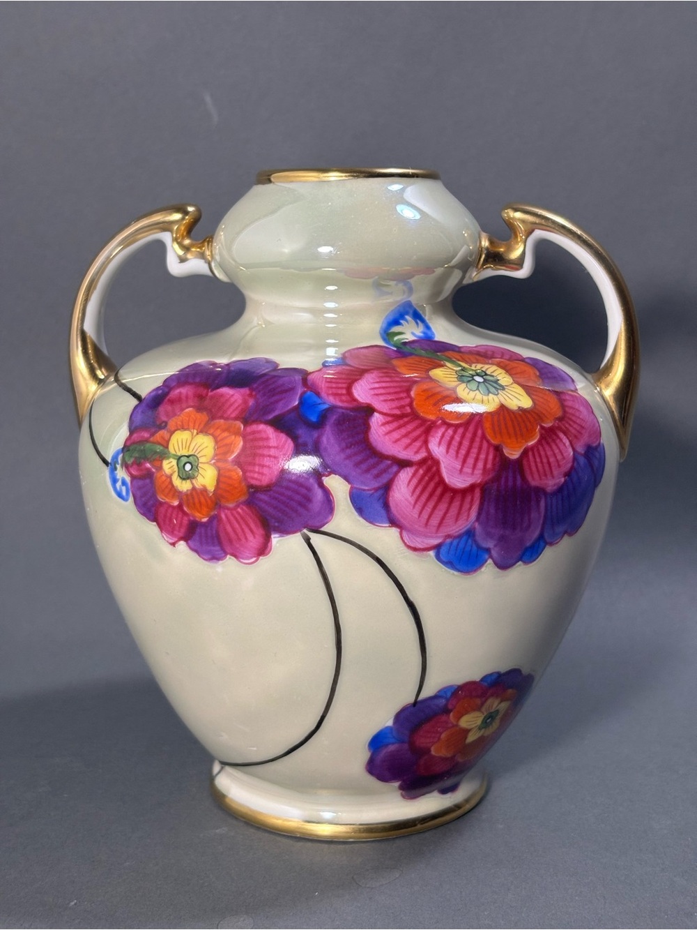 Hand-Painted Noritake AntiqueFloral Two-Handled Ceramic Vase in Cream and Purple